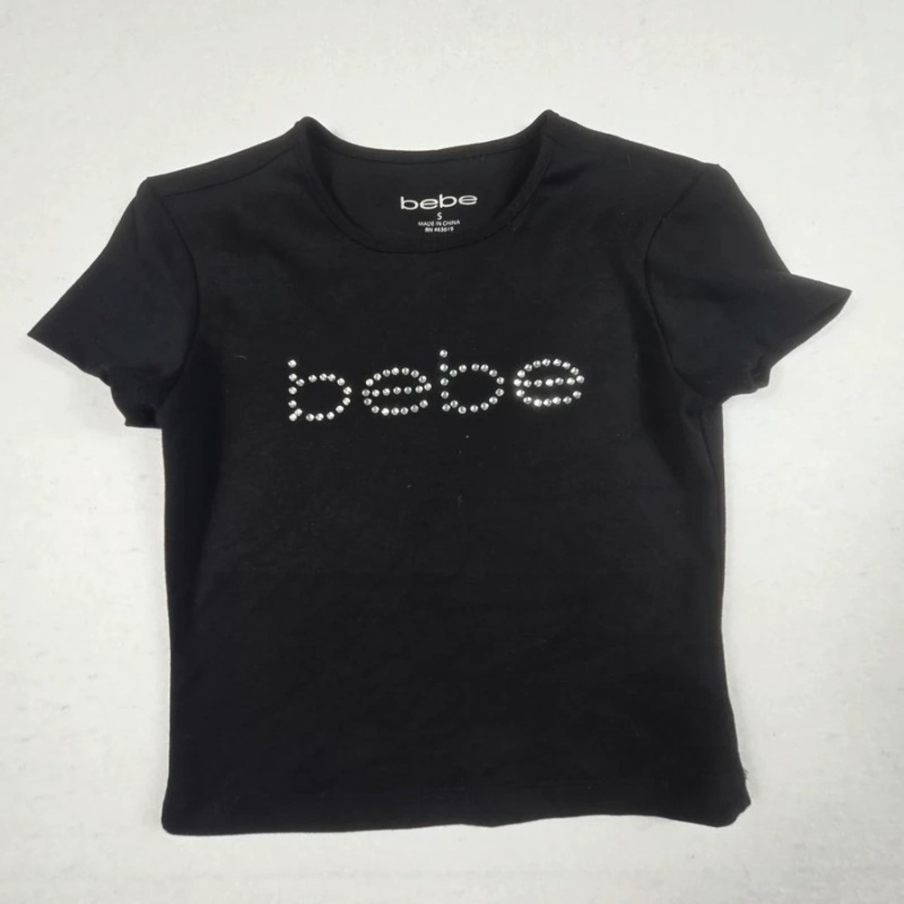 Bebe Black Rhinestone Logo Tee Women's Small Y2K Stretch Graphic T-Shirt